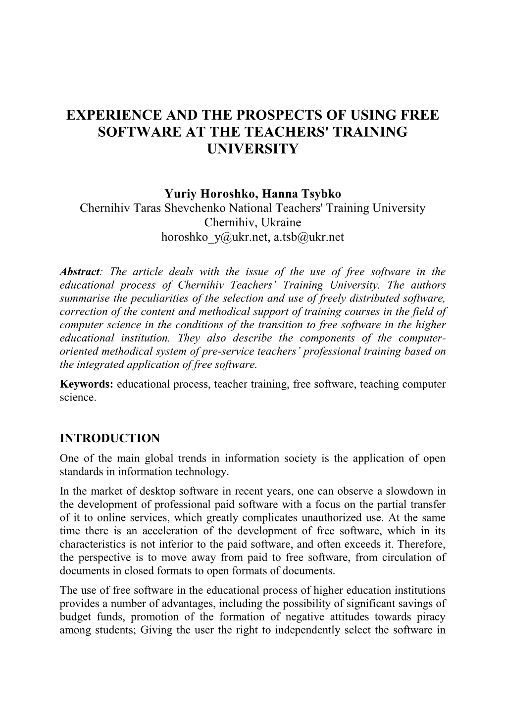 Experience and the Prospects of Using Free Software at the Teachers' Training University