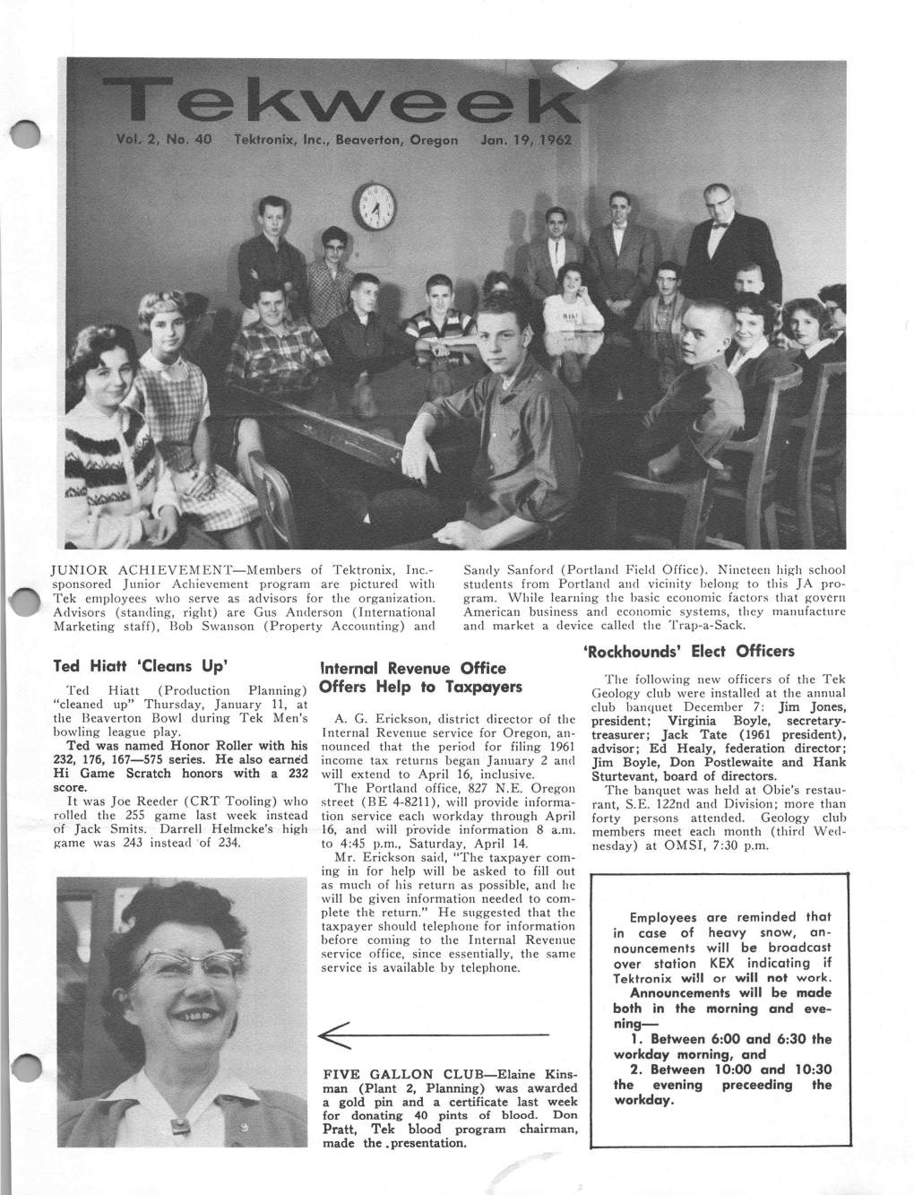 Tekweek Vol.2 ,No.40 Tektronix, Inc., Beaverton , Oregon Jan. 19, 1962 in AX JUNIOR ACHIEVEMENT — Members of Tektronix, Inc. S