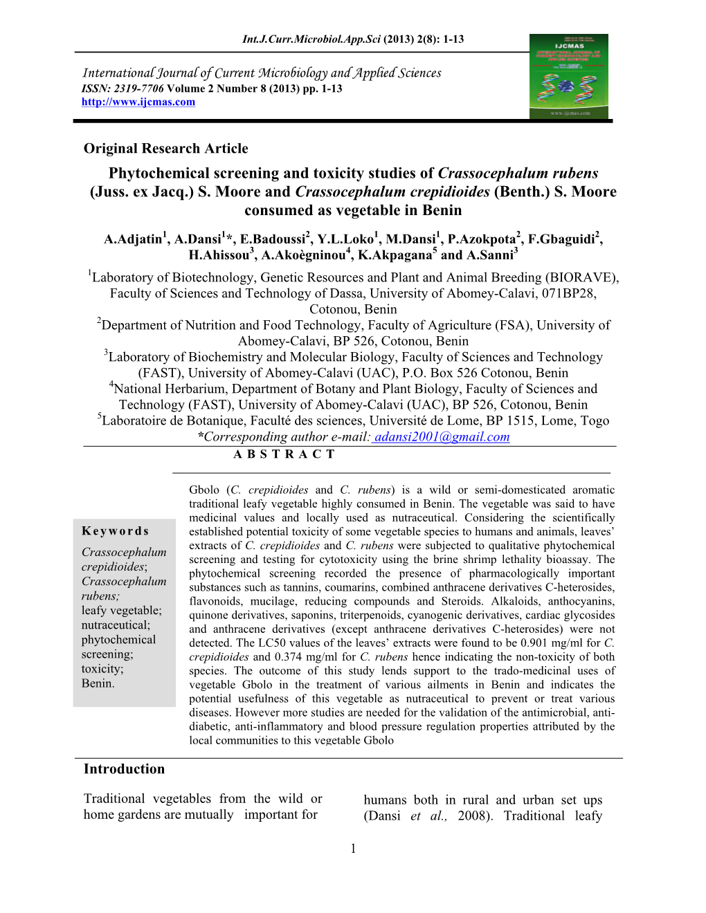 S. Moore and Crassocephalum Crepidioides (Benth.) S