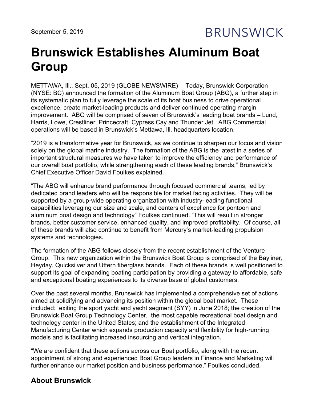 Brunswick Establishes Aluminum Boat Group