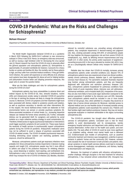 COVID-19 Pandemic: What Are the Risks and Challenges for Schizophrenia?