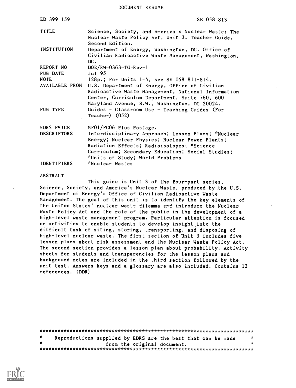 Science, Society, and America's Nuclear Waste: the Nuclear Waste Policy Act, Unit 3