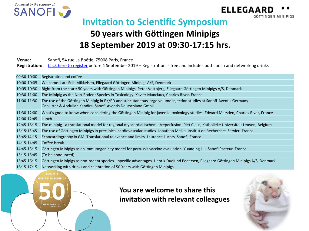 Invitation to Scientific Symposium 50 Years with Göttingen Minipigs 18 September 2019 at 09:30-17:15 Hrs