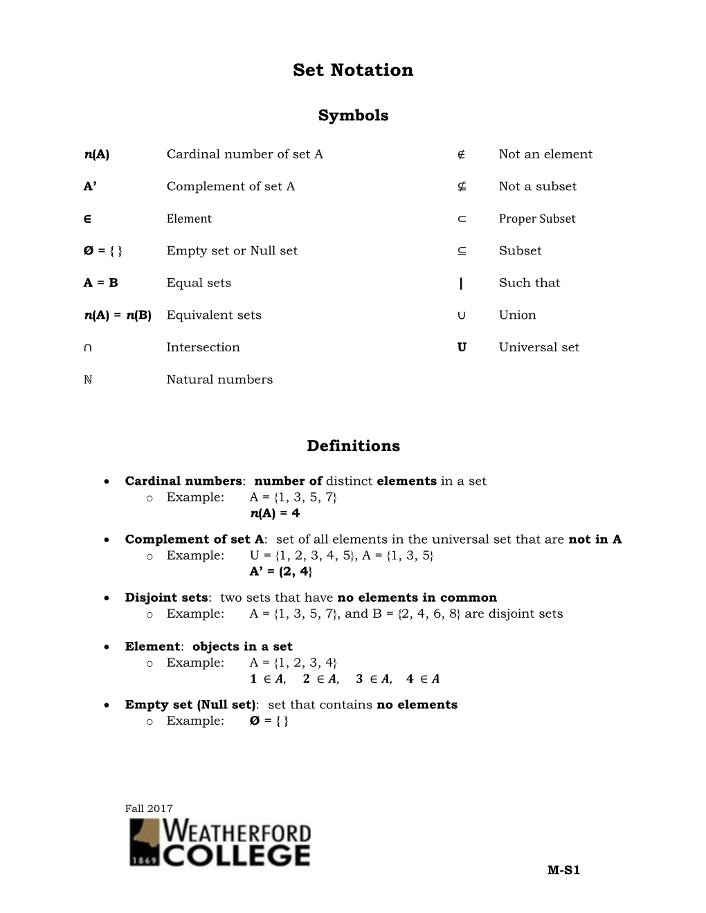 M-S1 Set Notation