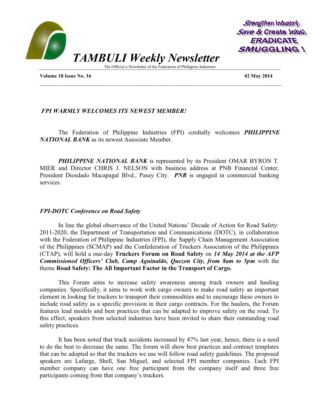 TAMBULI Weekly Newsletter the Official E-Newsletter of the Federation of Philippine Industries Volume 18 Issue No