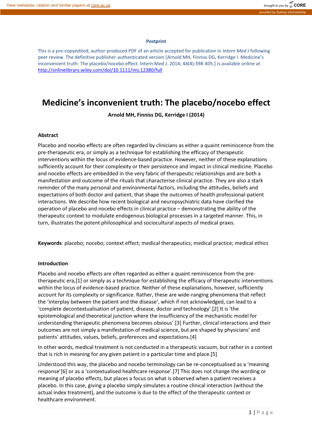 Medicine's Inconvenient Truth: the Placebo/Nocebo Effect