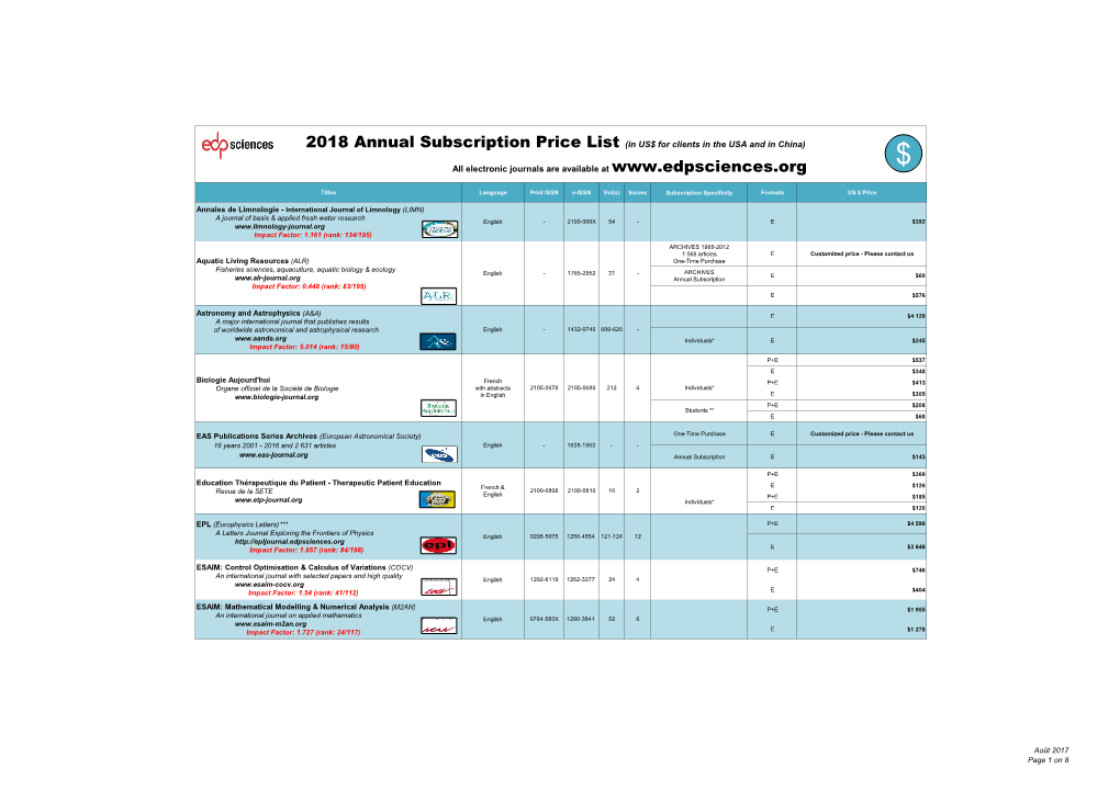 2018 Annual Subscription Price List (In US$ for Clients in the USA and in China) $ All Electronic Journals Are Available At
