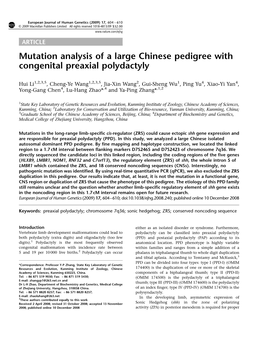 Mutation Analysis of a Large Chinese Pedigree with Congenital Preaxial Polydactyly