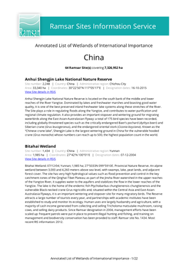 Annotated List of Wetlands of International Importance China