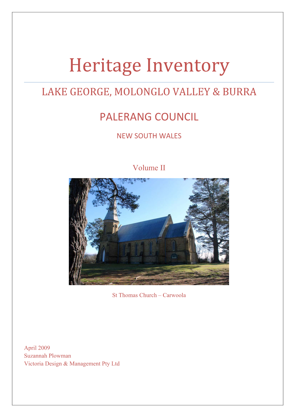 Heritage Inventory LAKE GEORGE, MOLONGLO VALLEY & BURRA