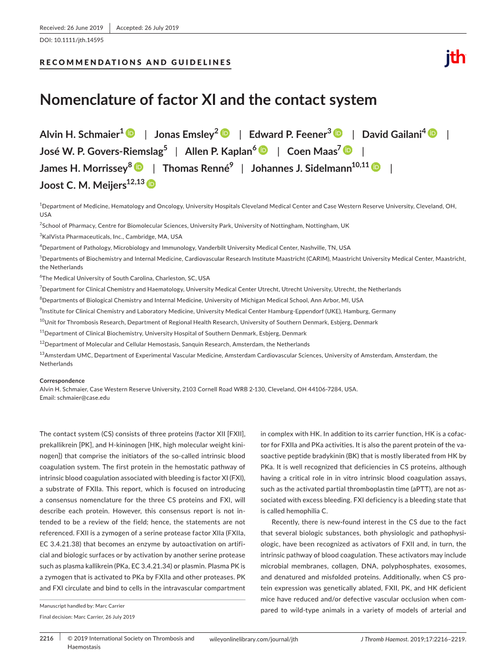 Nomenclature of Factor XI and the Contact System