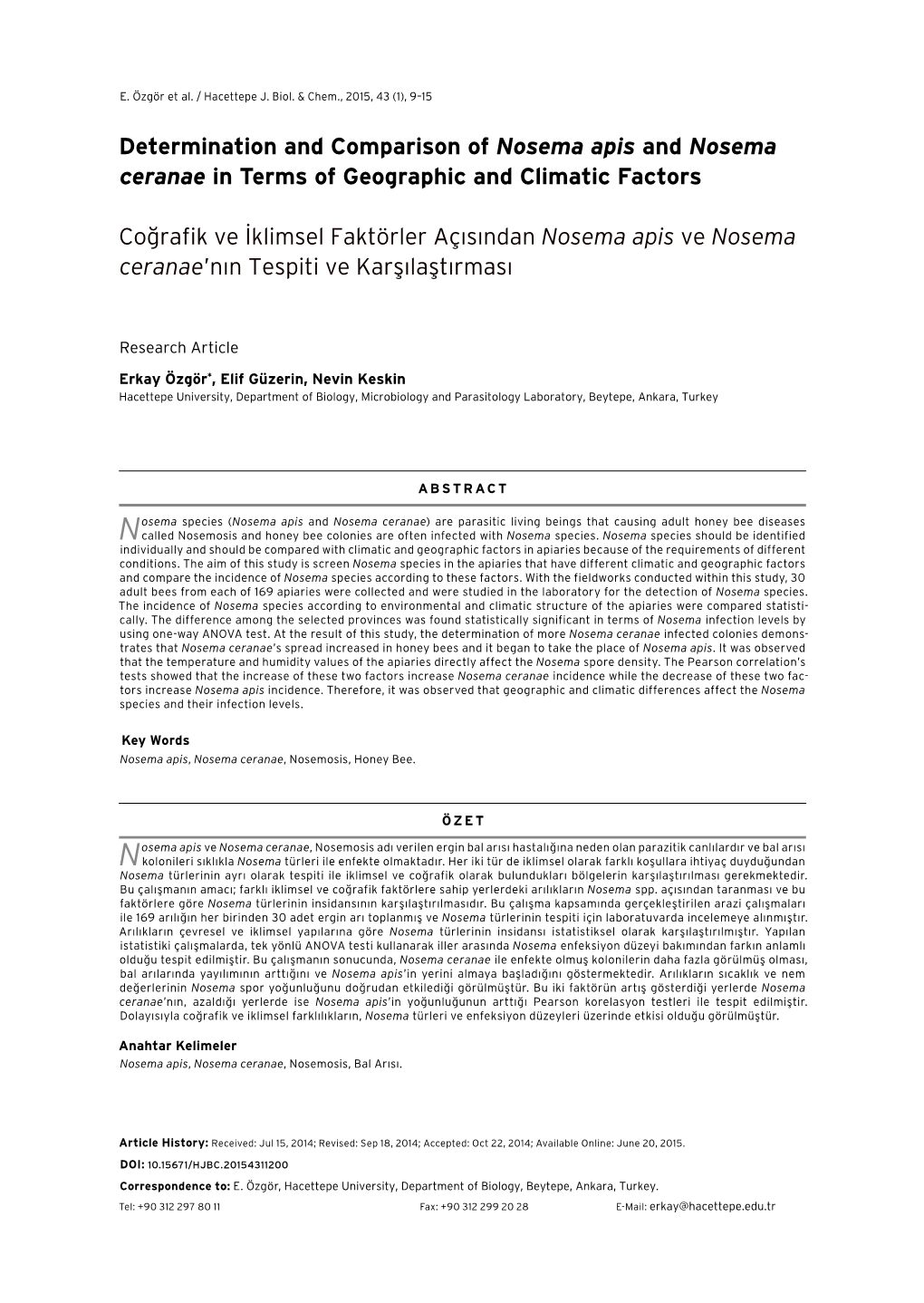 Nosema Ceranae in Terms of Geographic and Climatic Factors