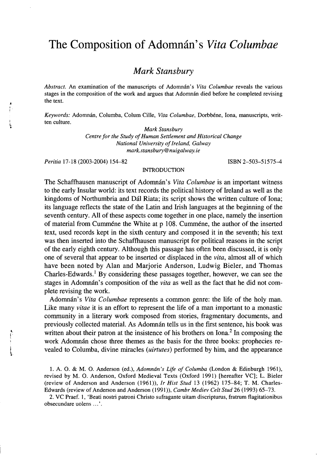 The Composition of Adomnán's Vita Columbae