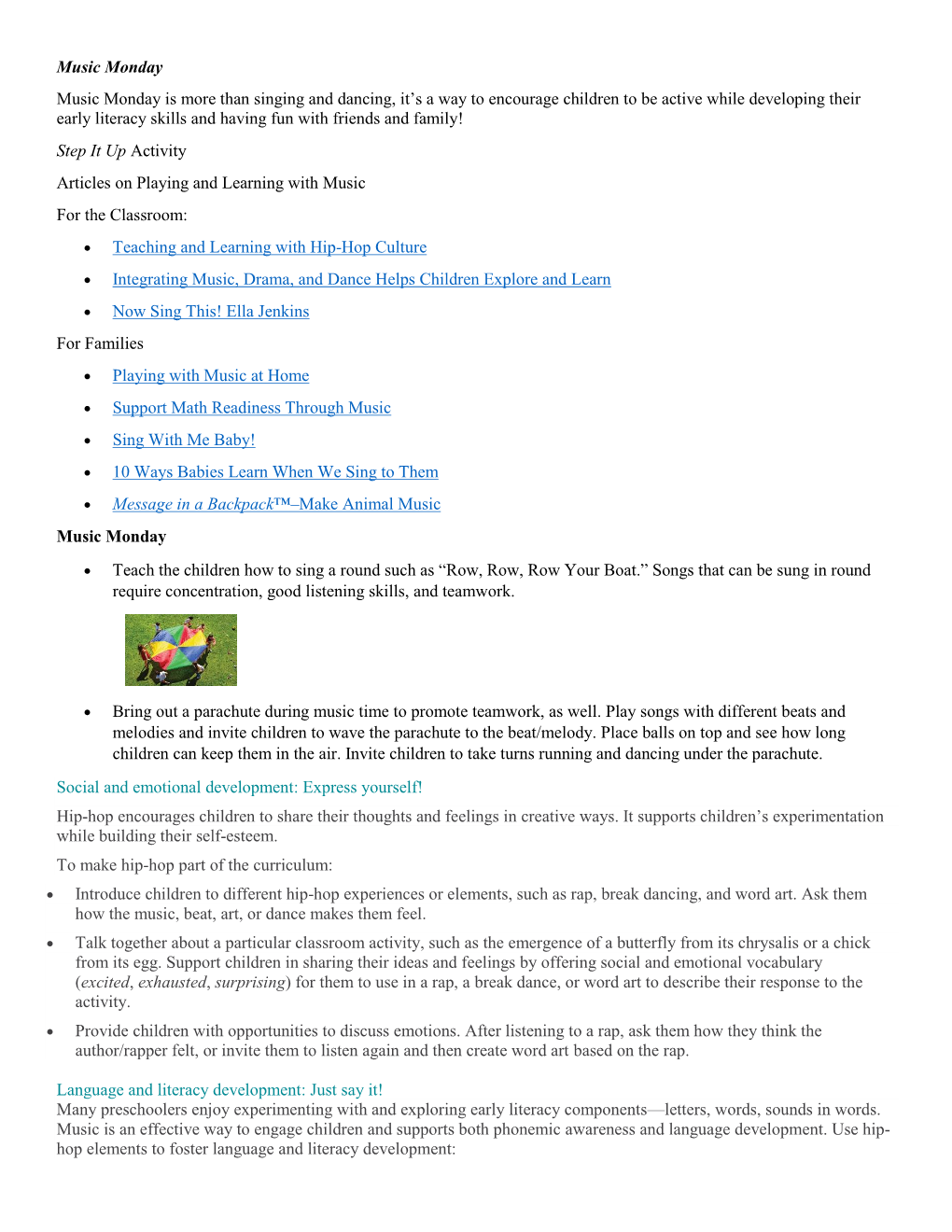 Music Monday Music Monday Is More Than Singing and Dancing, It's a Way to Encourage Children to Be Active While Developing