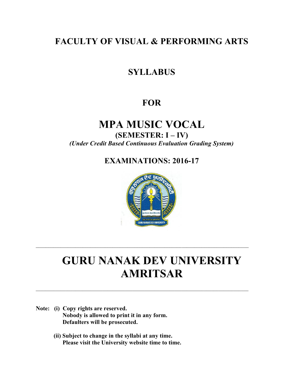 MPA MUSIC VOCAL (SEMESTER: I – IV) (Under Credit Based Continuous Evaluation Grading System)