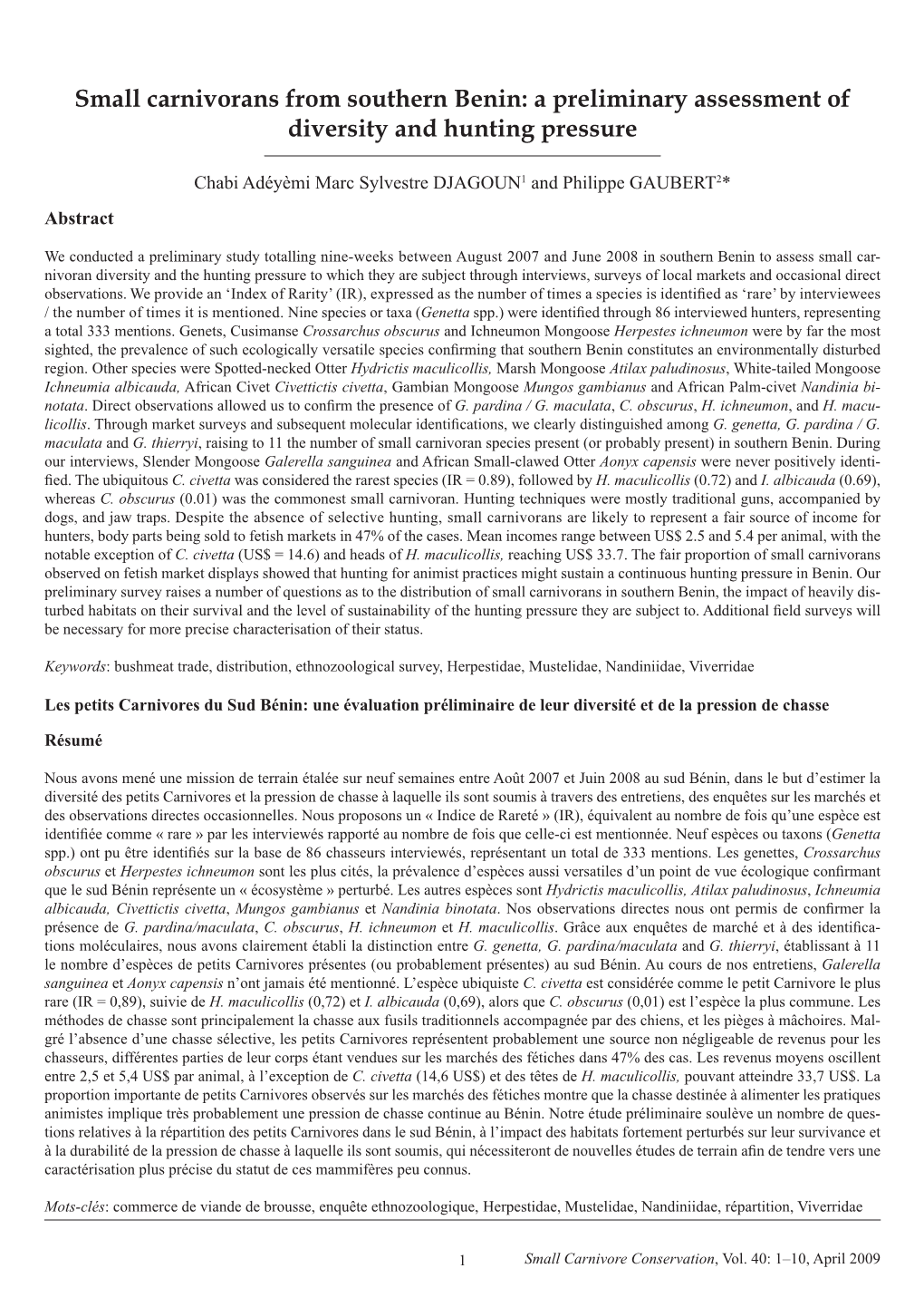 Small Carnivorans from Southern Benin: a Preliminary Assessment of Diversity and Hunting Pressure