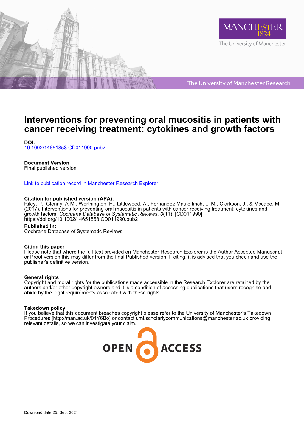 Interventions for Preventing Oral Mucositis in Patients with Cancer Receiving Treatment: Cytokines and Growth Factors