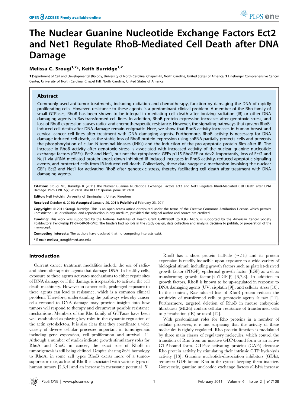 The Nuclear Guanine Nucleotide Exchange Factors Ect2 and Net1 Regulate Rhob-Mediated Cell Death After DNA Damage