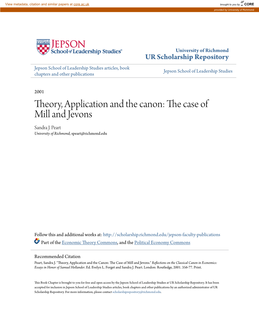 Theory, Application and the Canon: the Case of Mill and Jevons