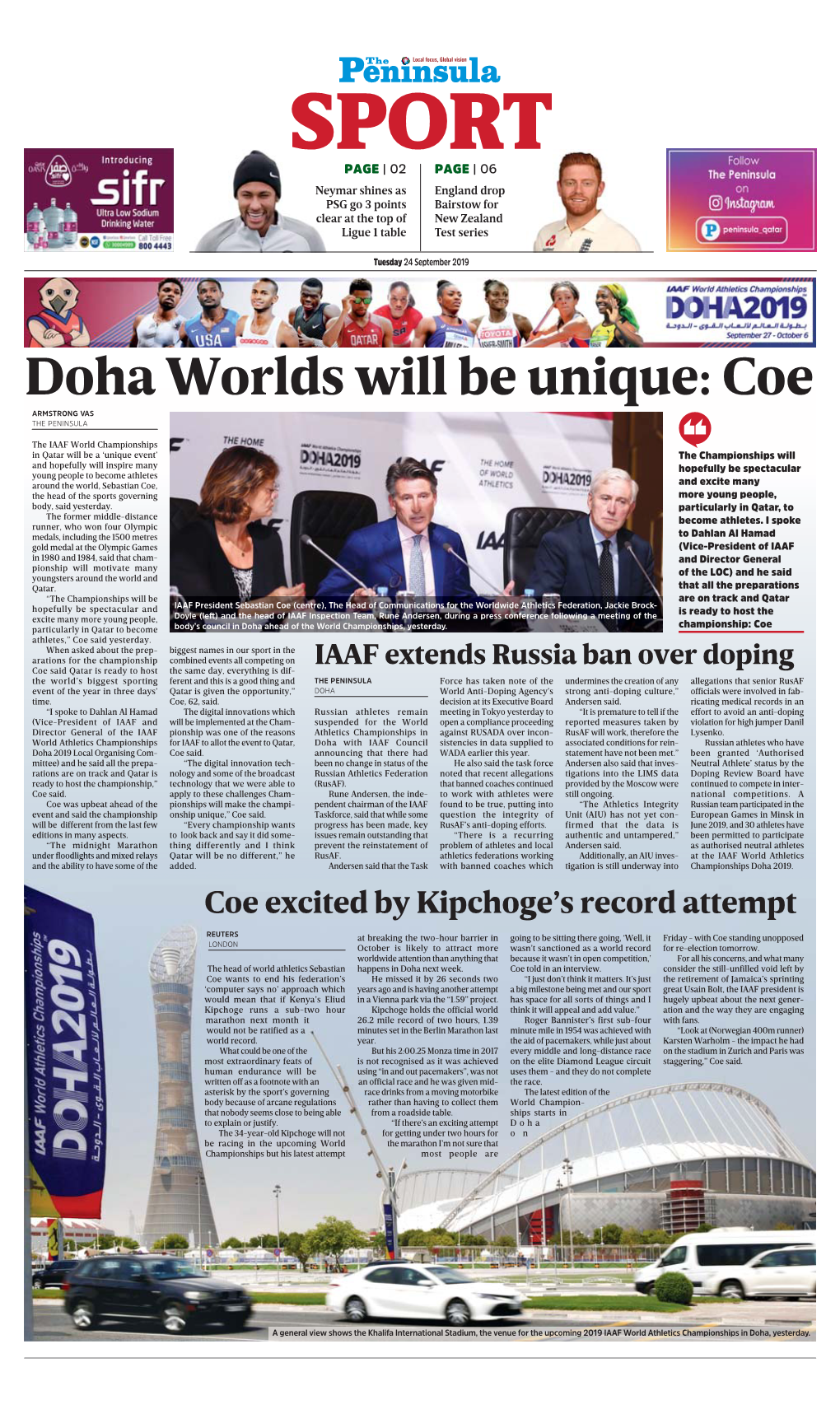 Doha Worlds Will Be Unique: Coe ARMSTRONG VAS the PENINSULA