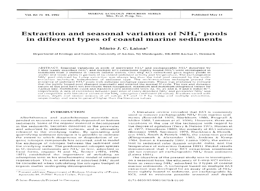 Extraction and Seasonal Variation of NH,' Pools in Different Types of Coastal Marine Sediments