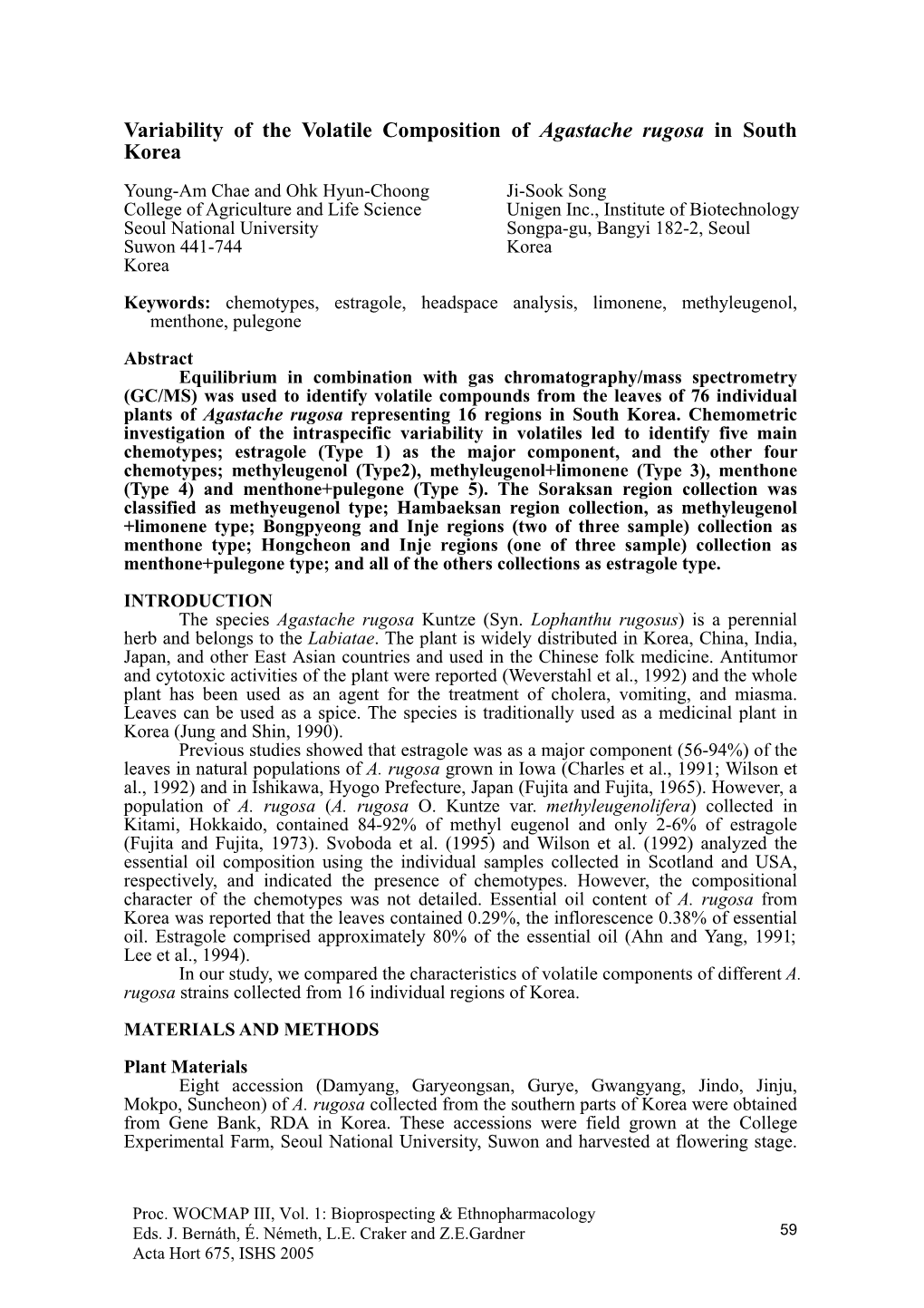 Variability of the Volatile Composition of Agastache Rugosa in South Korea