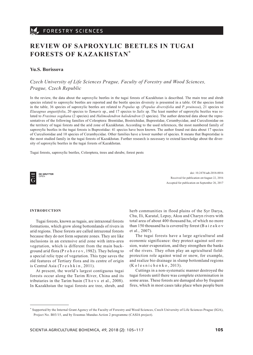 Review of Saproxylic Beetles in Tugai Forests of Kazakhstan*