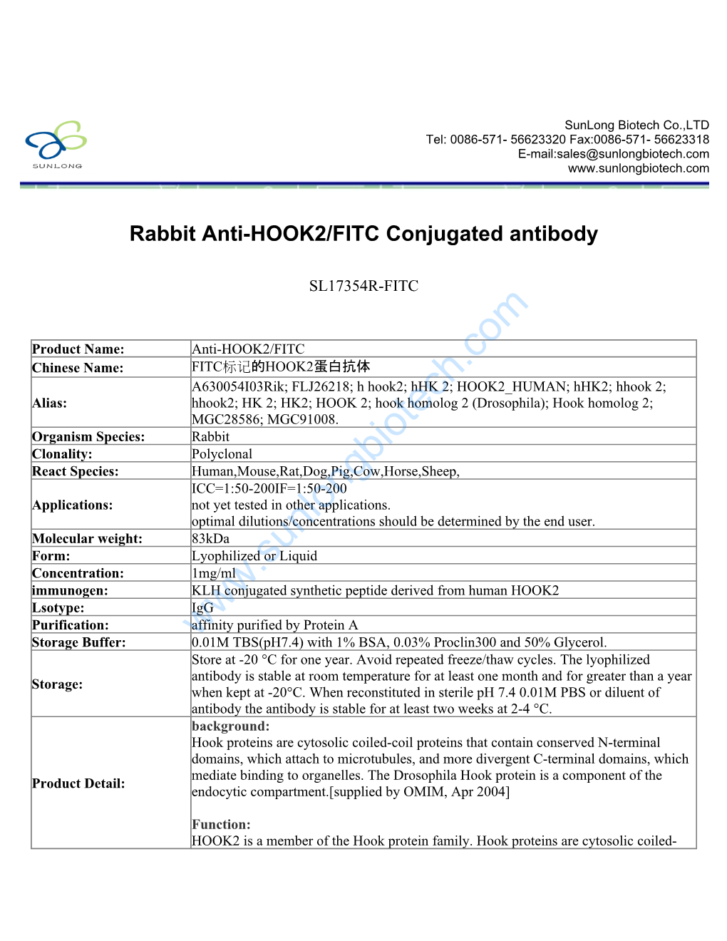 Rabbit Anti-HOOK2/FITC Conjugated Antibody-SL17354R-FITC