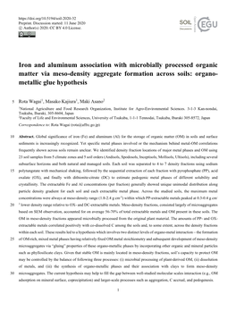 Iron and Aluminum Association with Microbially Processed Organic Matter Via Meso-Density Aggregate Formation Across Soils: Organo- Metallic Glue Hypothesis