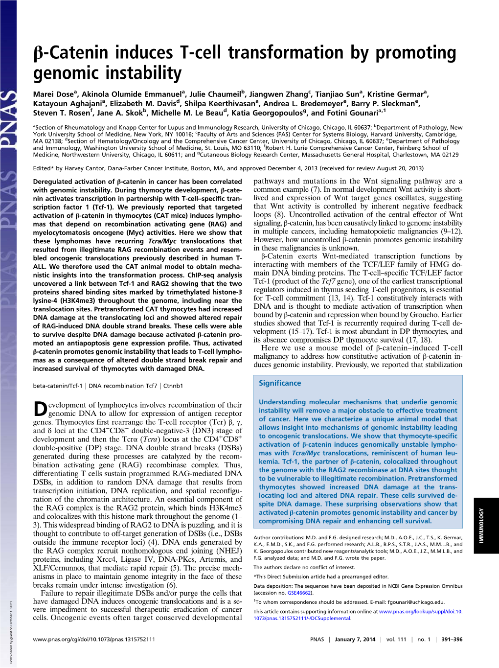 Β-Catenin Induces T-Cell Transformation by Promoting Genomic Instability