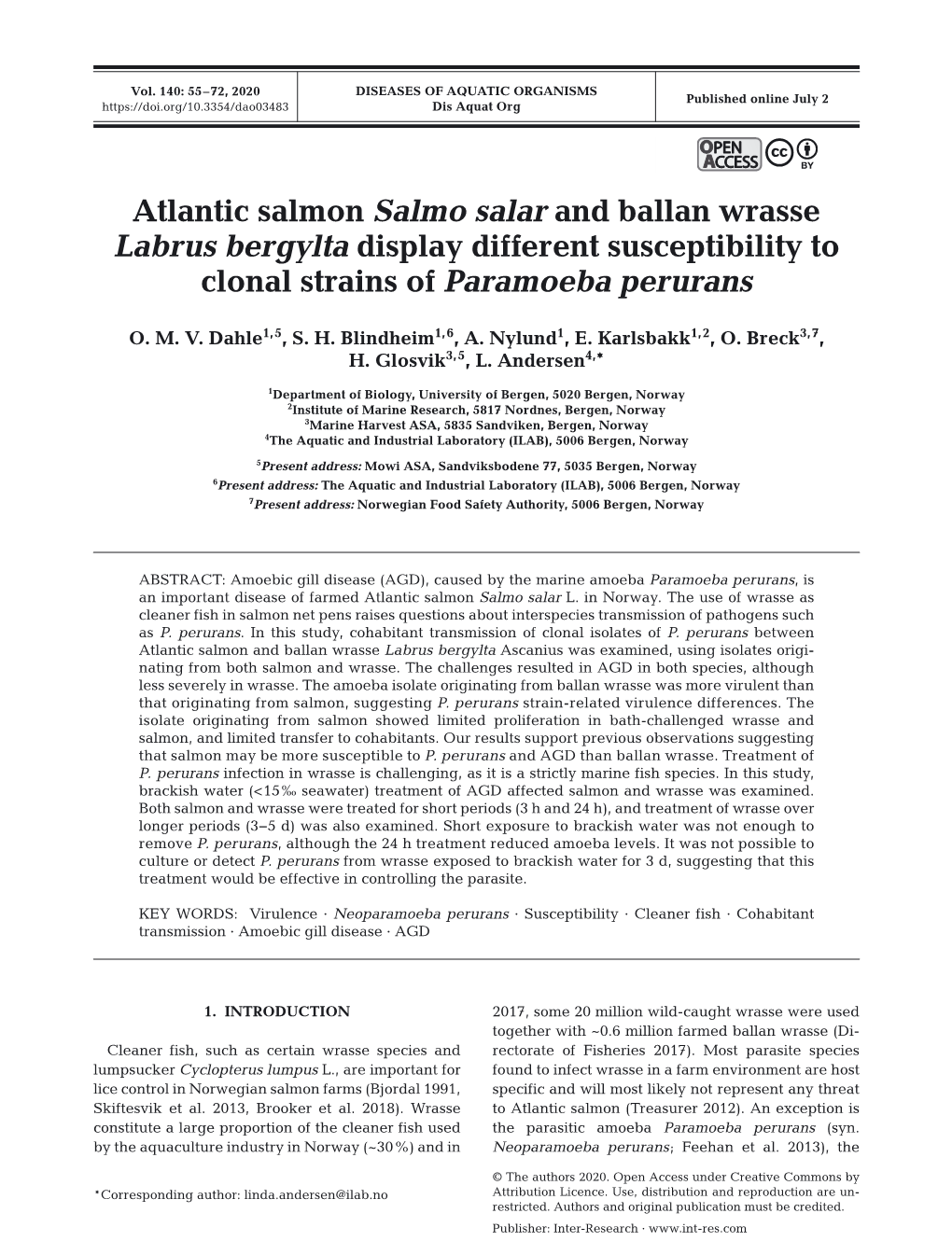 Atlantic Salmon Salmo Salar and Ballan Wrasse Labrus Bergylta Display Different Susceptibility to Clonal Strains of Paramoeba Perurans