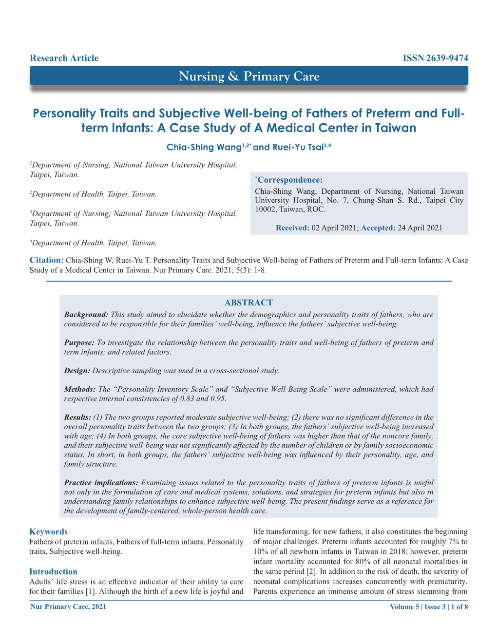 Personality Traits and Subjective Well-Being of Fathers of Preterm and Full-Term Infants: a Case Study of a Medical Center in Taiwan