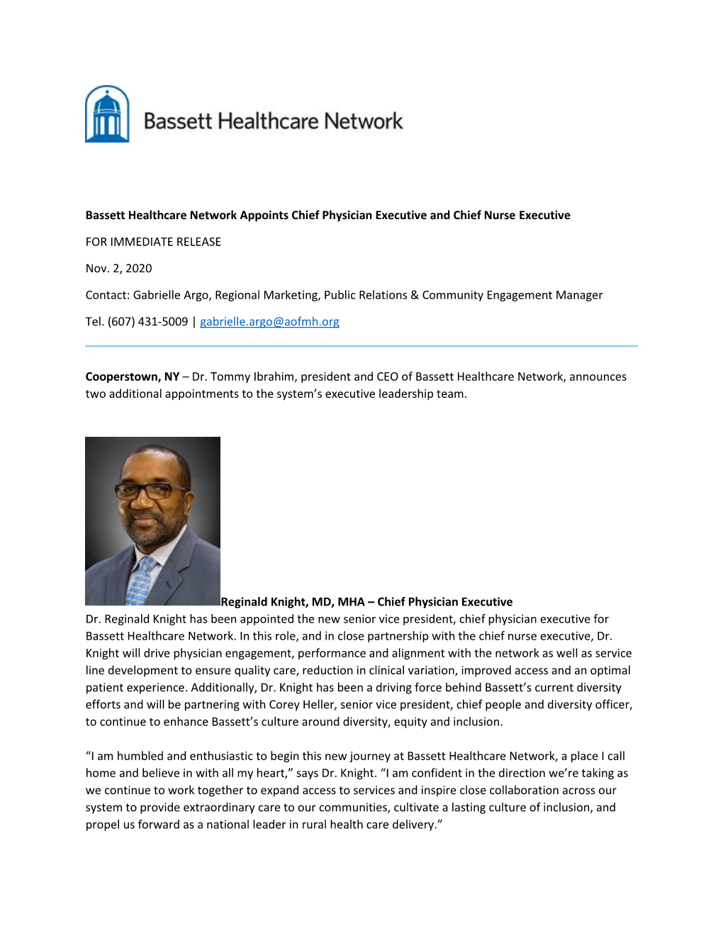 Bassett Healthcare Network Appoints Chief Physician Executive and Chief Nurse Executive