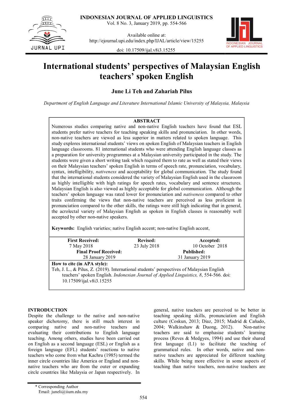 International Students' Perspectives of Malaysian English Teachers' Spoken English