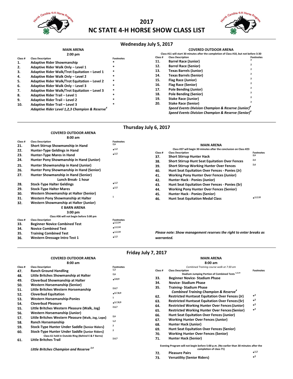 Nc State 4-H Horse Show Class List