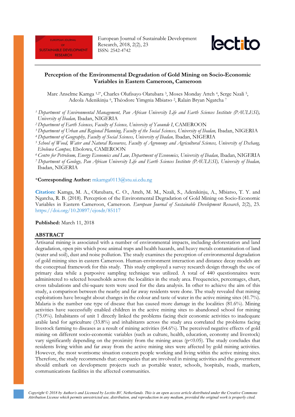 Perception of the Environmental Degradation of Gold Mining on Socio-Economic Variables in Eastern Cameroon, Cameroon