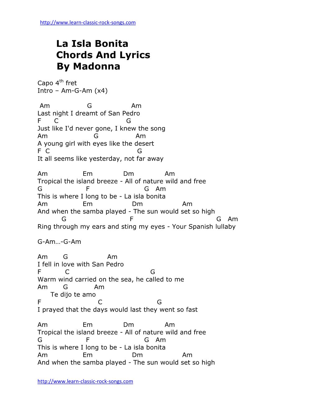 La Isla Bonita Chords and Lyrics by Madonna