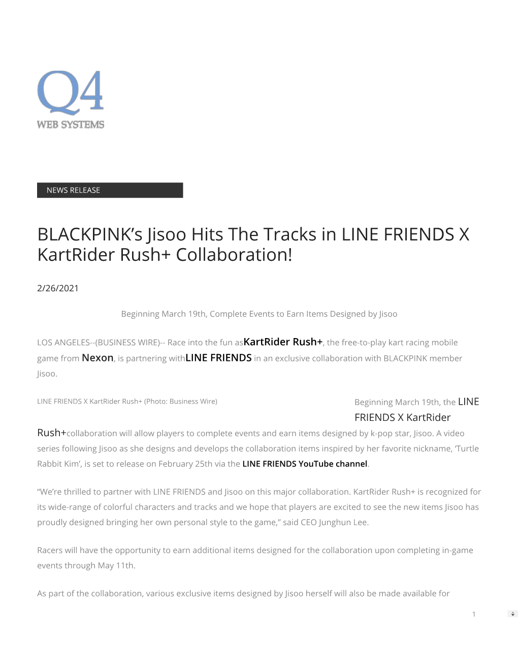 BLACKPINK's Jisoo Hits the Tracks in LINE FRIENDS X Kartrider Rush+
