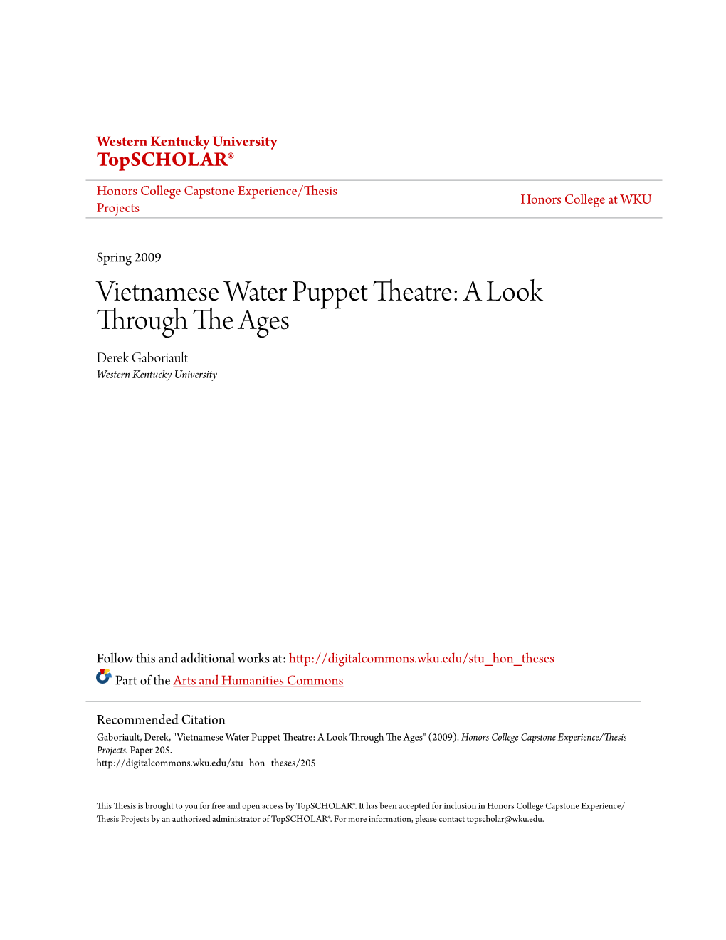 Vietnamese Water Puppet Theatre: a Look Through the Ages Derek Gaboriault Western Kentucky University