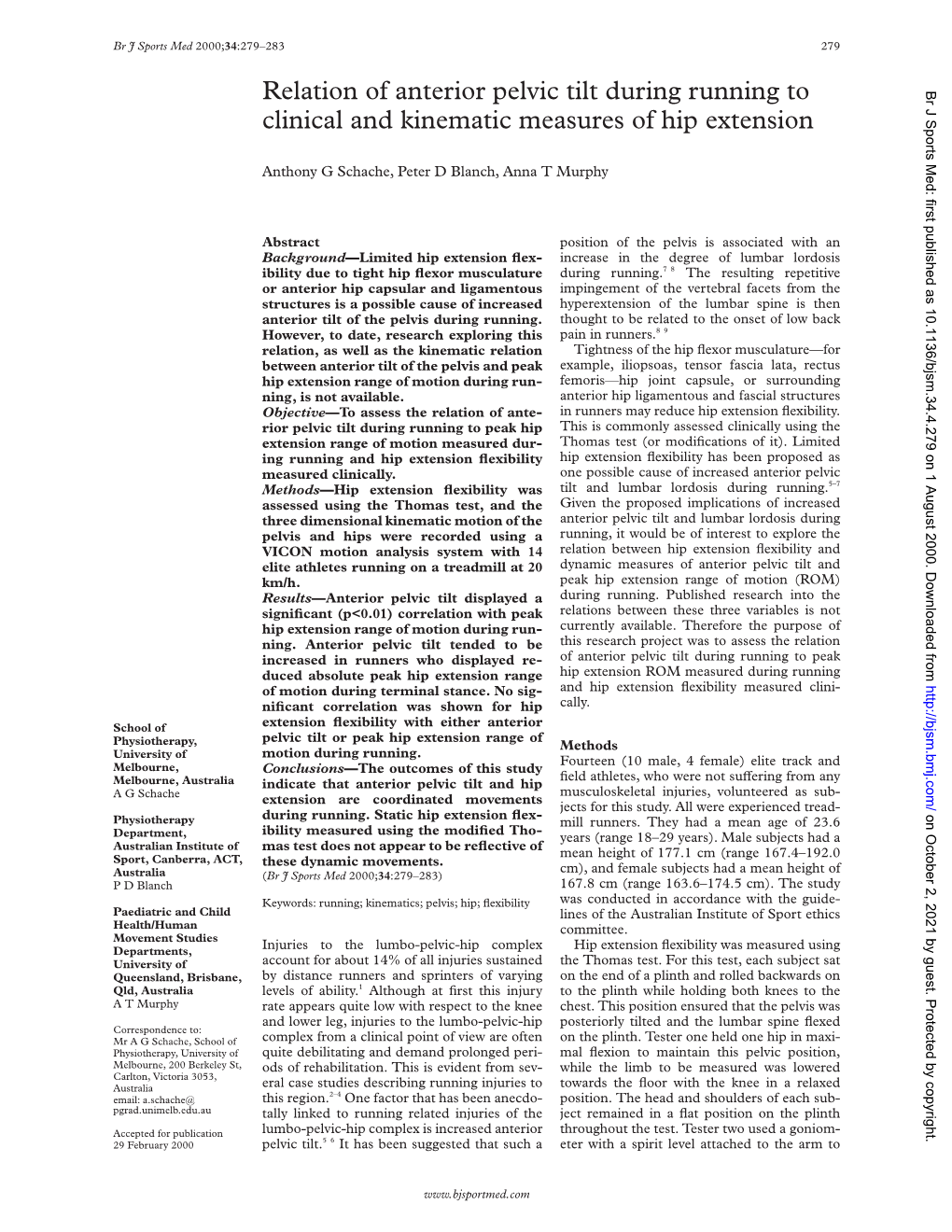 Relation of Anterior Pelvic Tilt During Running to Clinical and Kinematic