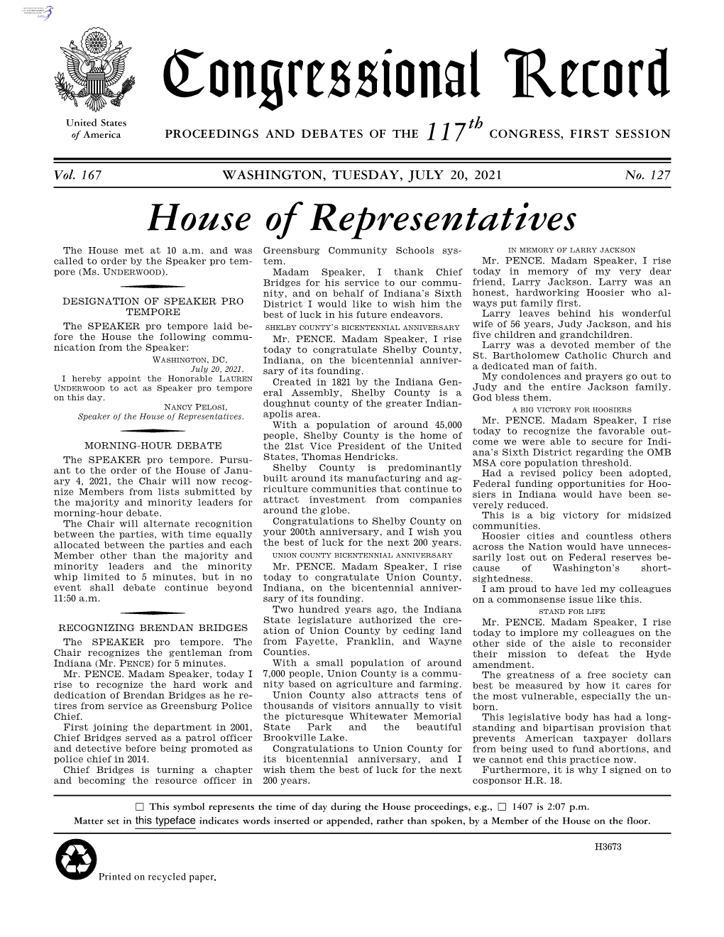 Congressional Record United States Th of America PROCEEDINGS and DEBATES of the 117 CONGRESS, FIRST SESSION