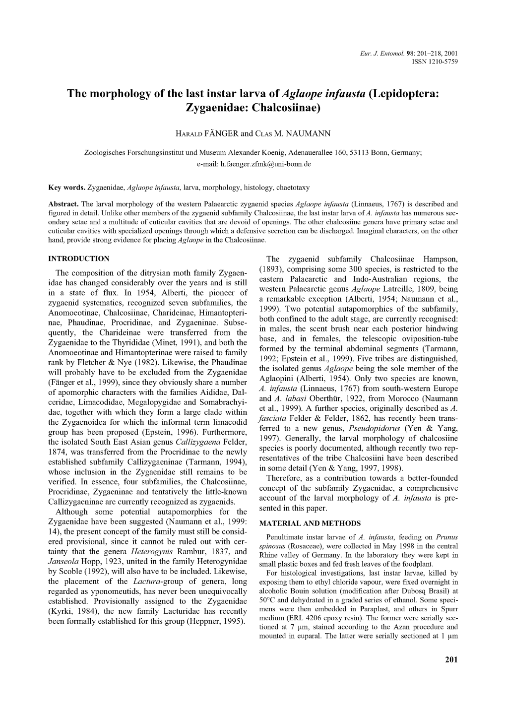 The Morphology of the Last Instar Larva of Aglaope Infausta (Lepidoptera