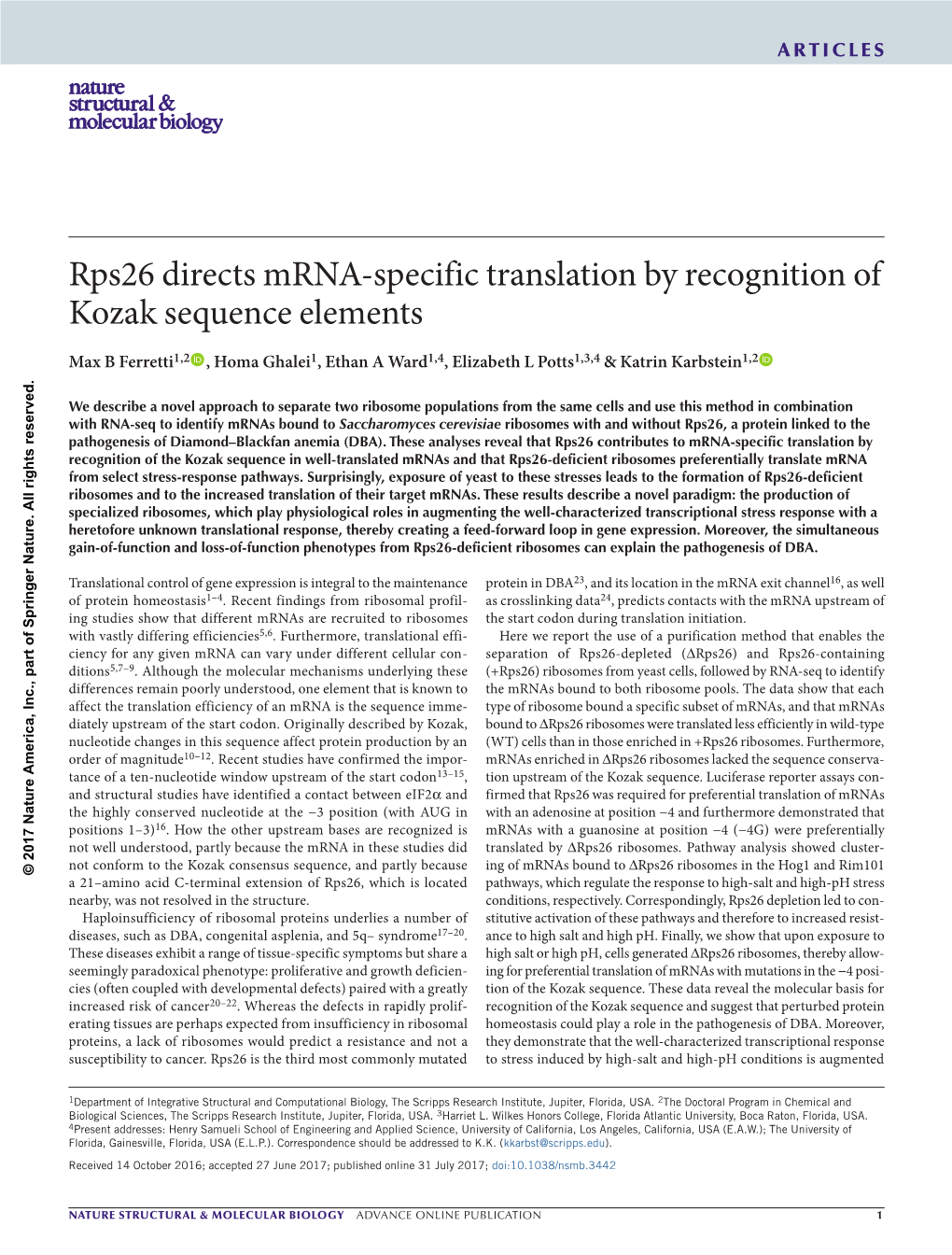 Rps26 Directs Mrna-Specific Translation by Recognition of Kozak