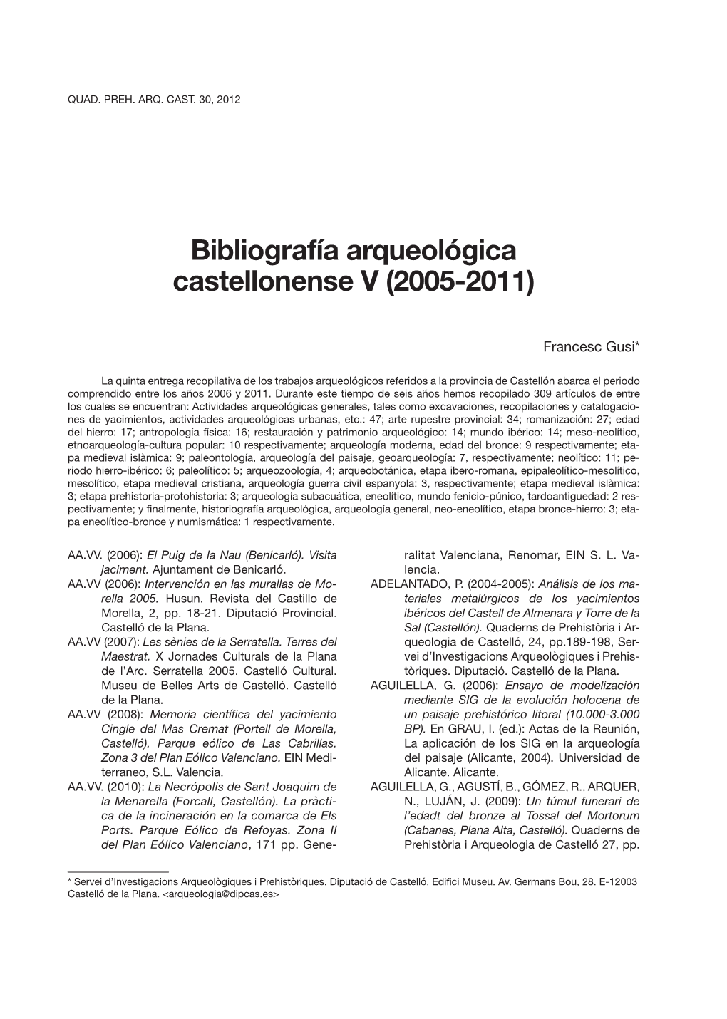 Bibliografía Arqueológica Castellonense V (2005-2011)
