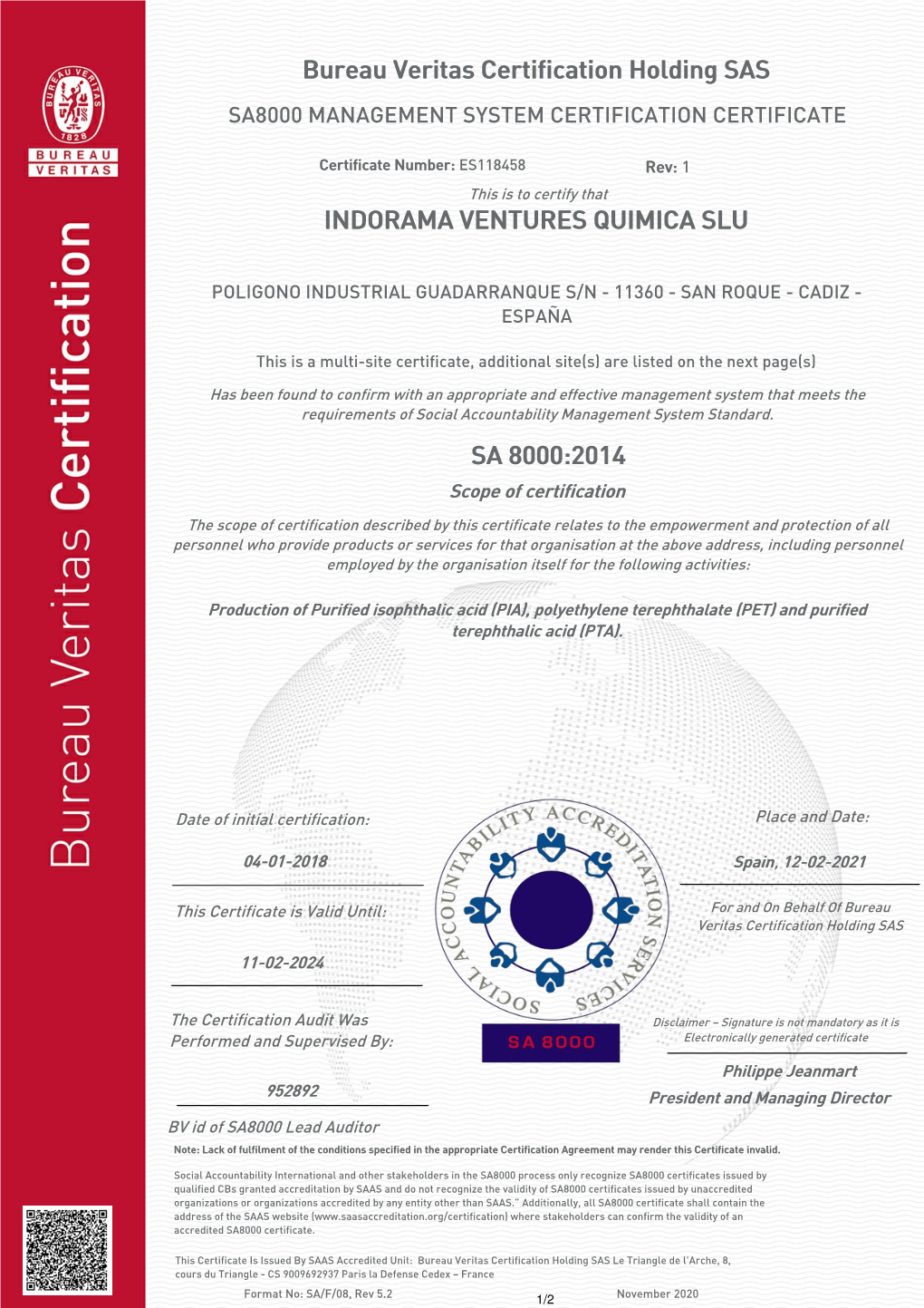 Bureau Veritas Certification Holding SAS SA8000 MANAGEMENT SYSTEM CERTIFICATION CERTIFICATE