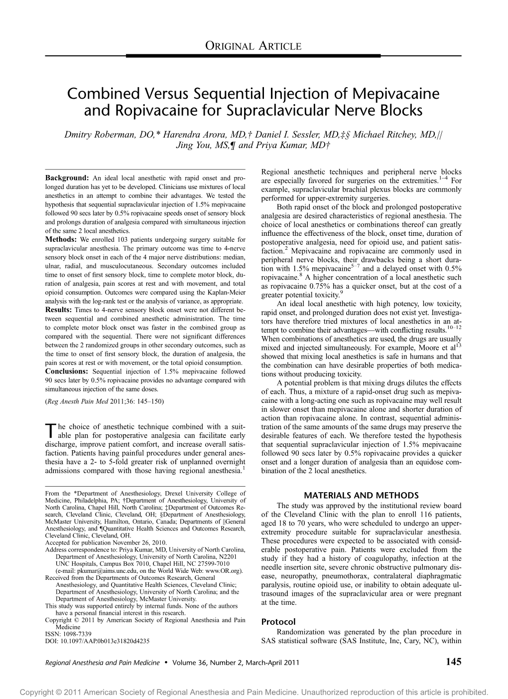 Combined Versus Sequential Injection of Mepivacaine and Ropivacaine for Supraclavicular Nerve Blocks