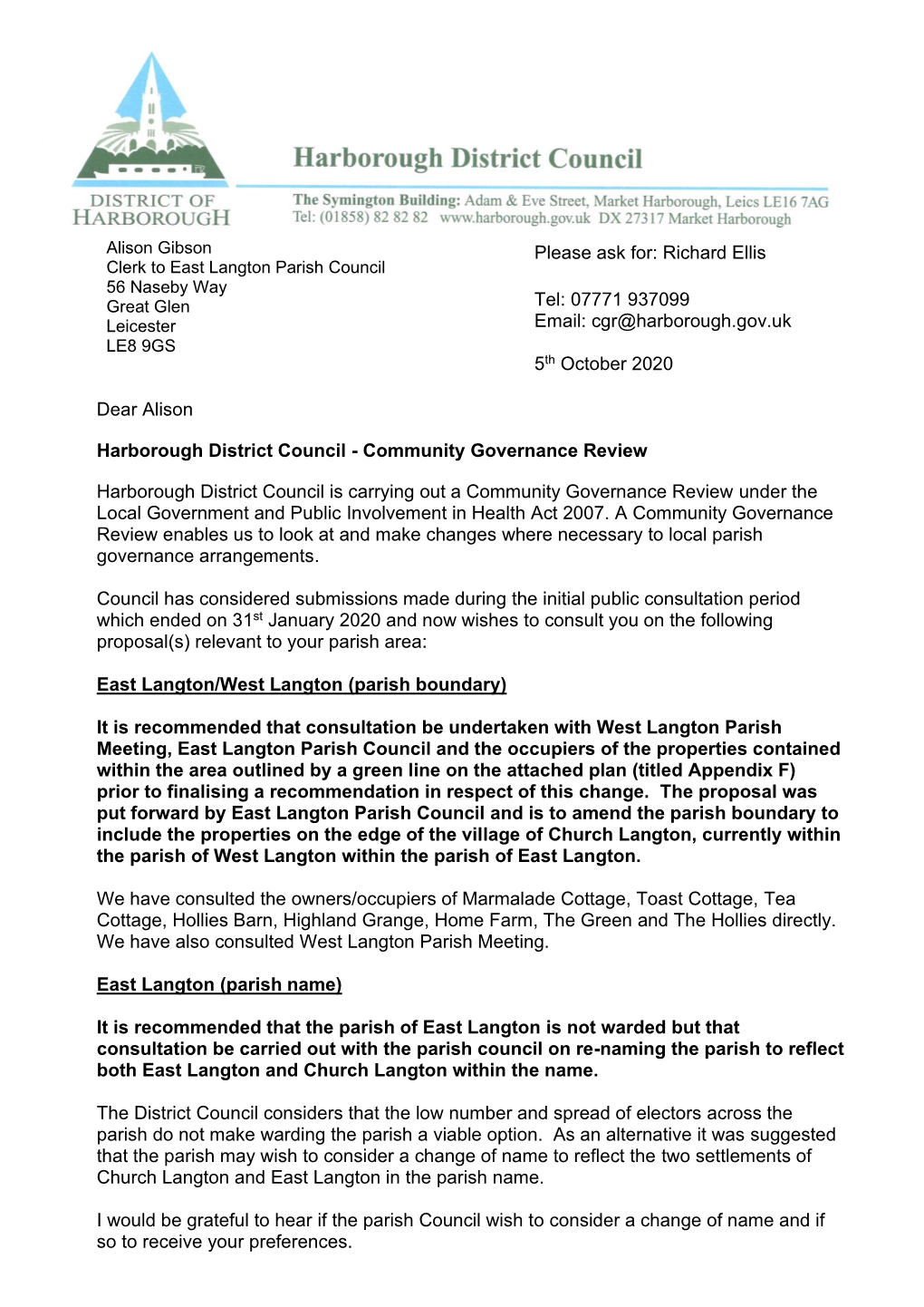 East Langton Boundary Changes Letter From