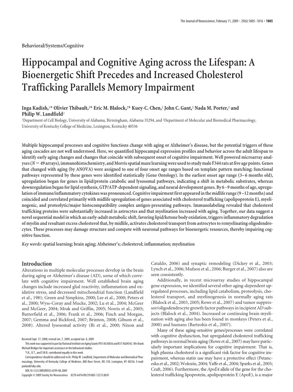 Hippocampal and Cognitive Aging Across the Lifespan: a Bioenergetic Shift Precedes and Increased Cholesterol Trafficking Parallels Memory Impairment