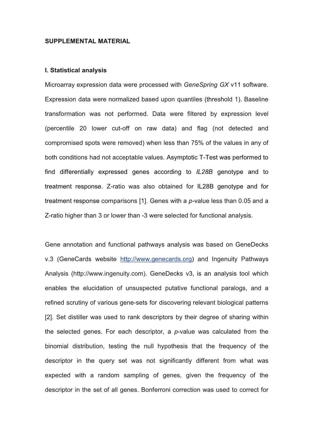 SUPPLEMENTAL MATERIAL I. Statistical Analysis Microarray