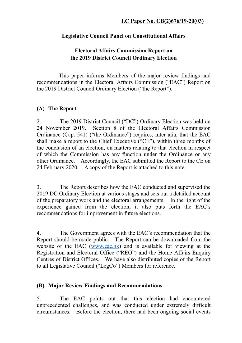 Administration's Paper on Electoral Affairs Commission Report on The